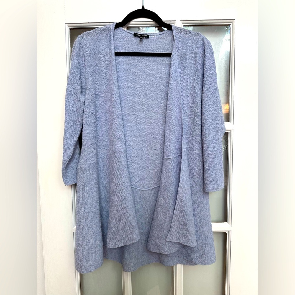 Eileen Fisher Powder Blue Grey Italian Wool Open Front Waterfall Cardigan Size S